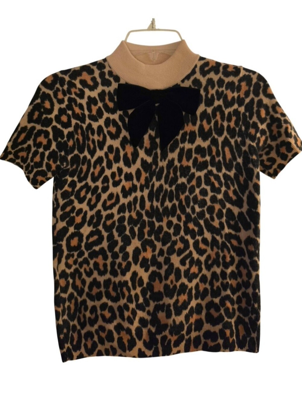 kate spade Leopard-Print Short Sleeve Top with Black Velvet Bow